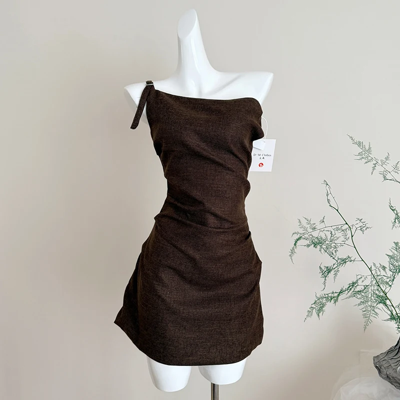 

Chic Skew Collar Suit Dress Women Summer Sleeveless Sundress Zipper Elegant Office Ladies Short Dress Coffee Dresses 2026 New