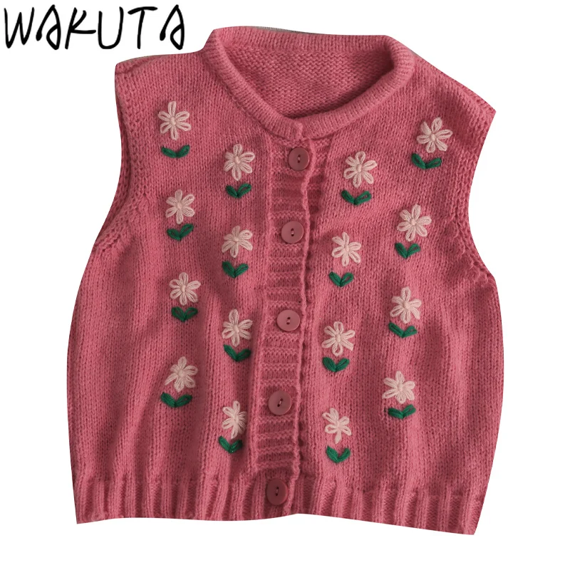 WAKUTA O collo ricamo maglione floreale gilet donna blu rosa Vintage dolce lavorato a maglia canotte monopetto senza maniche Cardigan