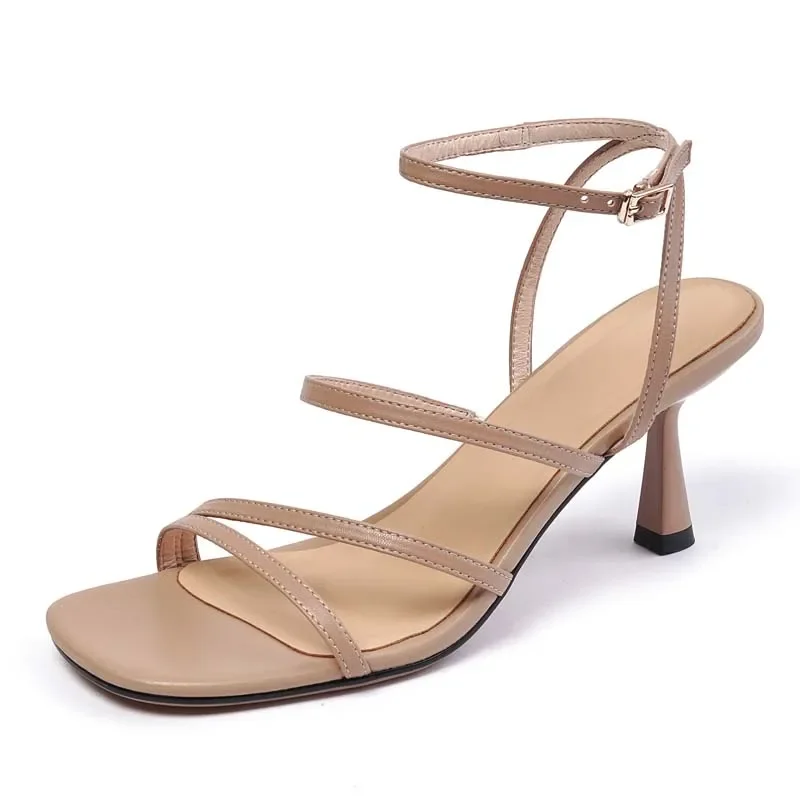 2024 New Ankle Strap Sandals Summer Women Sexy Party Lady Open Toe High Heels Fashion Woman Beige Apricot One Word Buckle Sandal