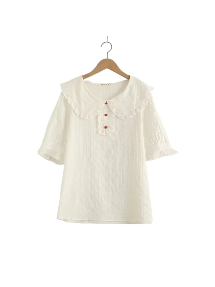 Merry Pretty High Quality Ruffles White Tops Summer Cotton Short Sleeve Shirts Peter Pan Collar Casual Retro Sweet Loose Blouses