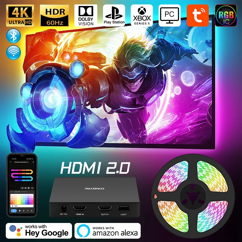 Inteligentny telewizor z podświetleniem Led do 4K HDMI 2.0 urządzenie Sync Box diody na wstążce Led zestaw Wifi Alexa sterowanie asystent Google