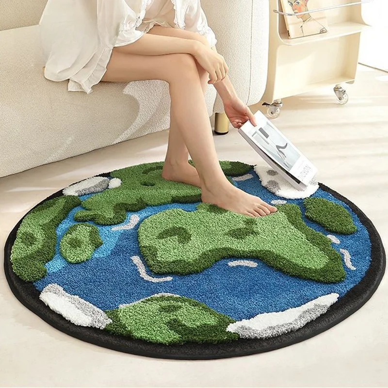 Creative Earth Single Chair round Carpet Children's Bedroom Cute Flocking Bedside Blanket Living Room Moss Green Rug