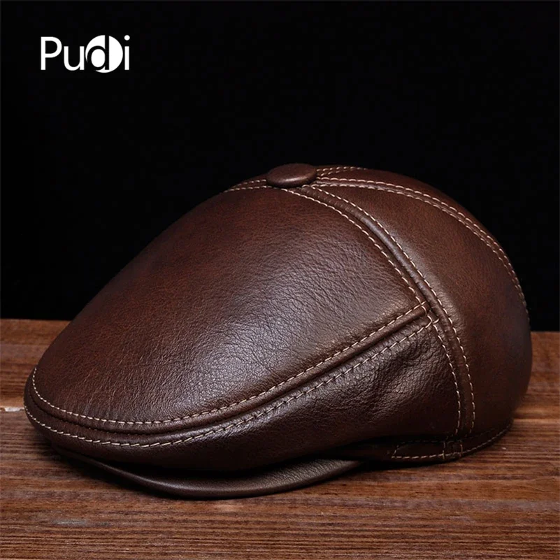 Pudi Men Genuine Leather Hat Cap Beret Male Real Leather Baseball Caps Cowboy Hats HL027