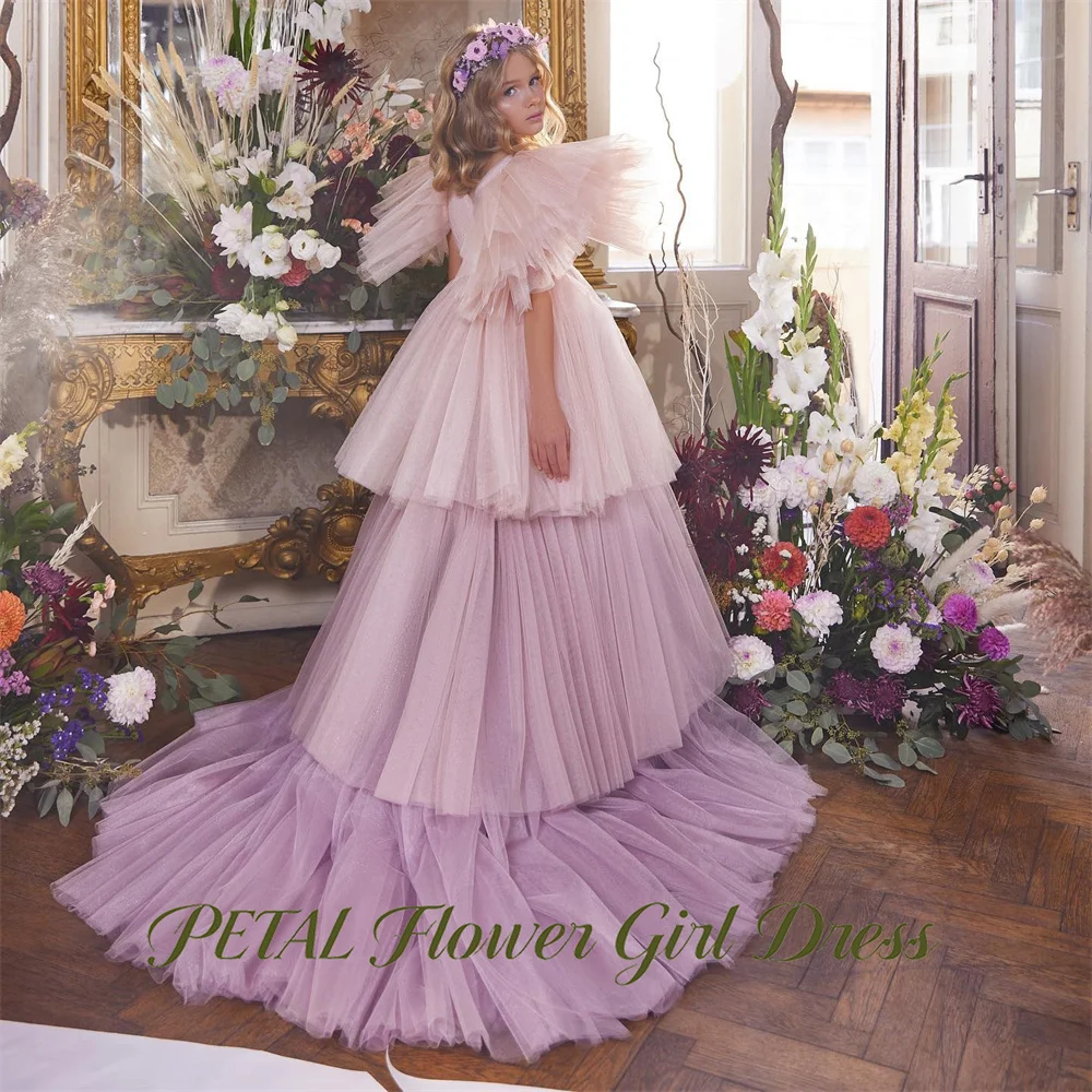 Petal Peach Glitter   Flower Girl Dress V Neck Light Purple Gradient Kids Birthday Party Dress European Tutu Fluffy Prom Gown
