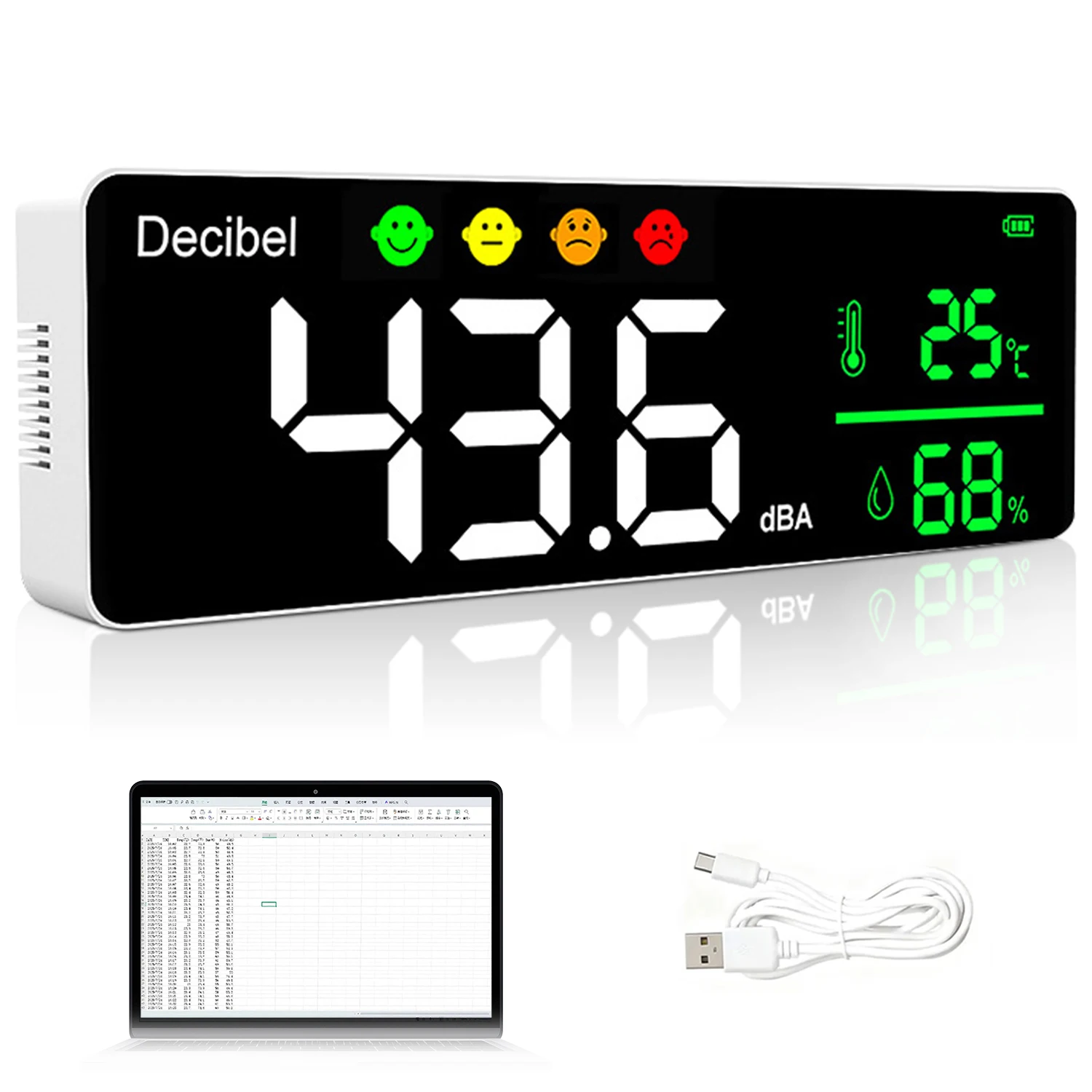 4 in 1 Decibel Meter Wall Hanging Sound Level Meter 11'' Large LED Display Noise Meter 30-130dB SPL Meter with Time Temperature