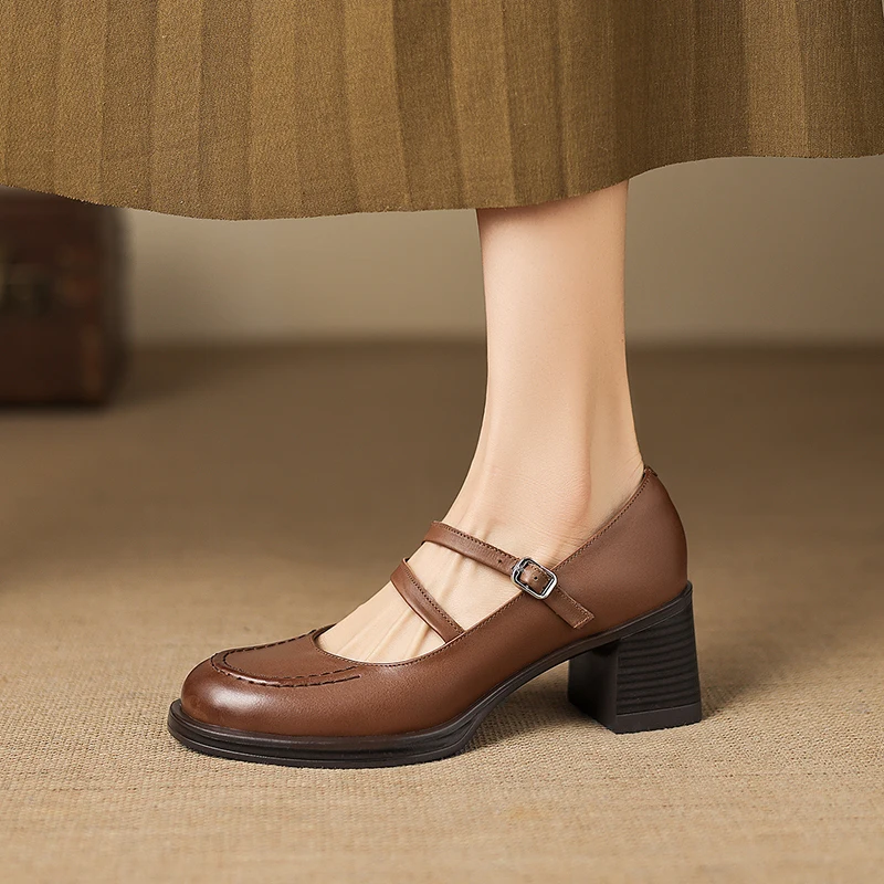 2026 new spring autumn women pumps natural leather 22-25cm washed cowhide+pigskin round toe buckle mary janes women shoes