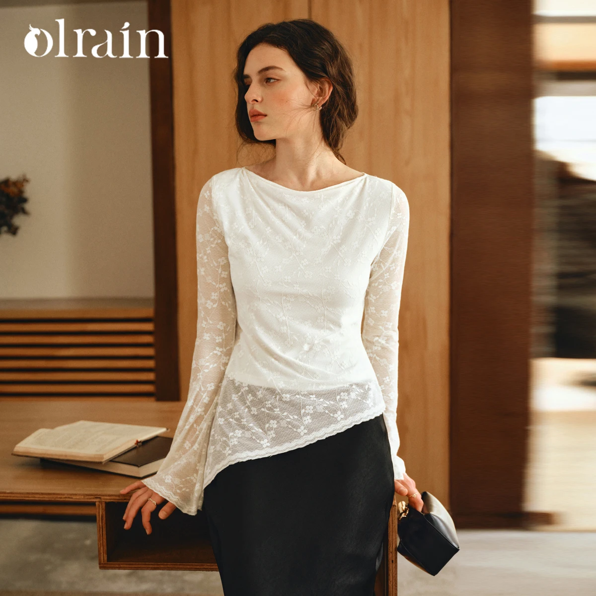 OLrain French Elegant T-Shirts Women's Autumn 2026 Slash Neck Irregular Tees Commute Lace Long Sleeve Tops Female O57QX001259