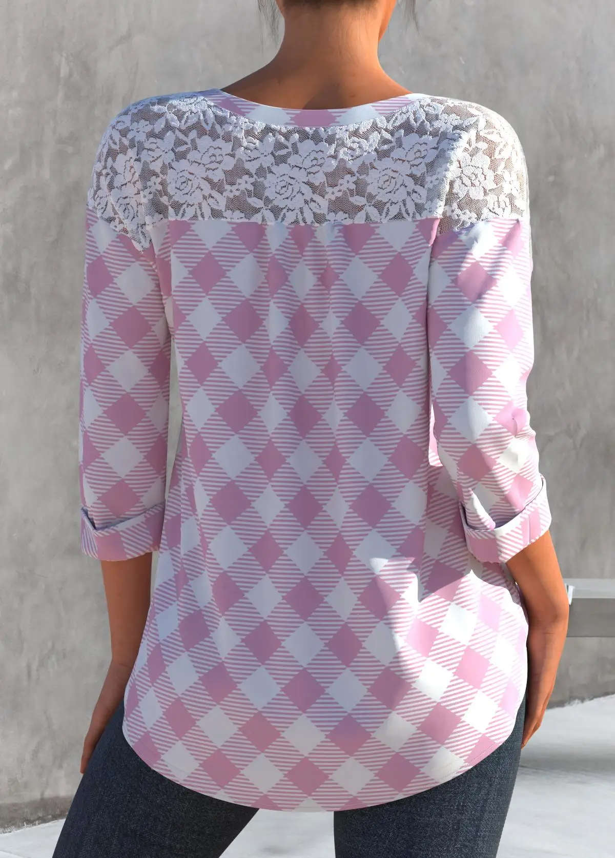 Picture 4: Plus Size Plaid Print Split Neck Button Up 3/4 Sleeve Lace Stitching Blouses