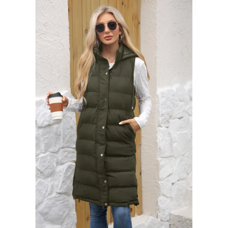 2025 nuevo chaleco de algodón con capucha a la moda para mujer Chaqueta larga abrigo color sólido sin mangas cremallera trajes cálidos gruesos