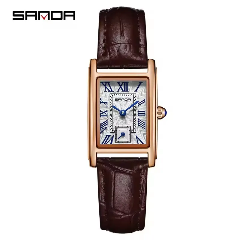 SANDA 1116 Elegante Damen-Quarzuhr, lässig, rechteckig, wasserdicht, Stahl, Lederarmband, lässige Business-Damenuhr, часы