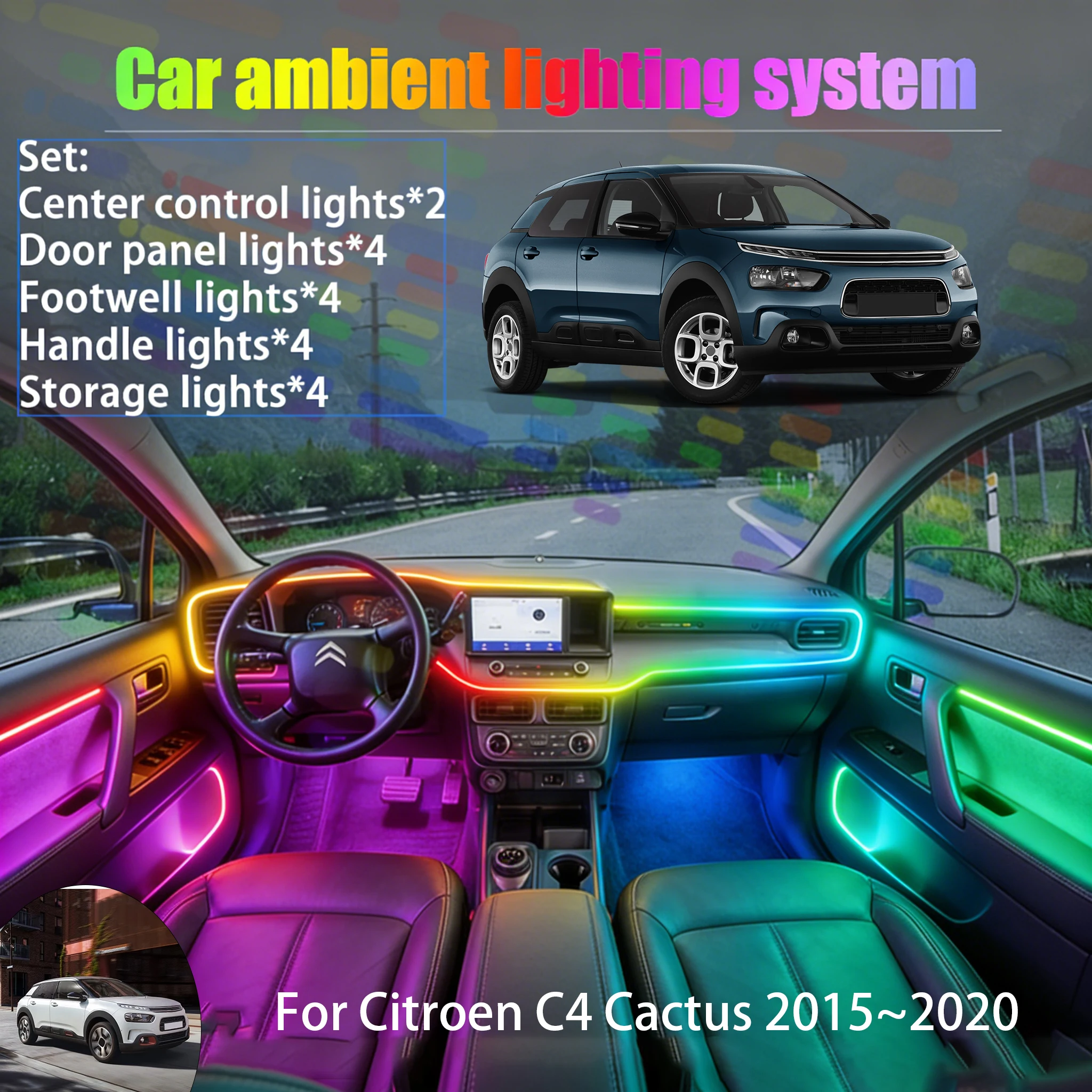 

Для Citroën C4 Cactus 2015~2020: Комплект светодиодной подсветки салона и багажника 2/18 в 1, USB RGB, с эффектом бегущих огней, автозапчасть