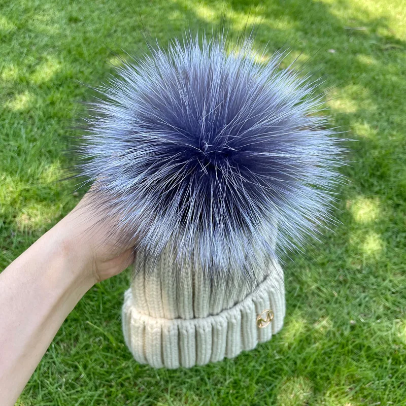 Colourful Silver Fox Raccoon Fox Fur Winter Hat Cap Kids Boy Girl Aldult Keep Warm Big Fur Pom Poms Ski Hat Fur Pompoms 2022 New