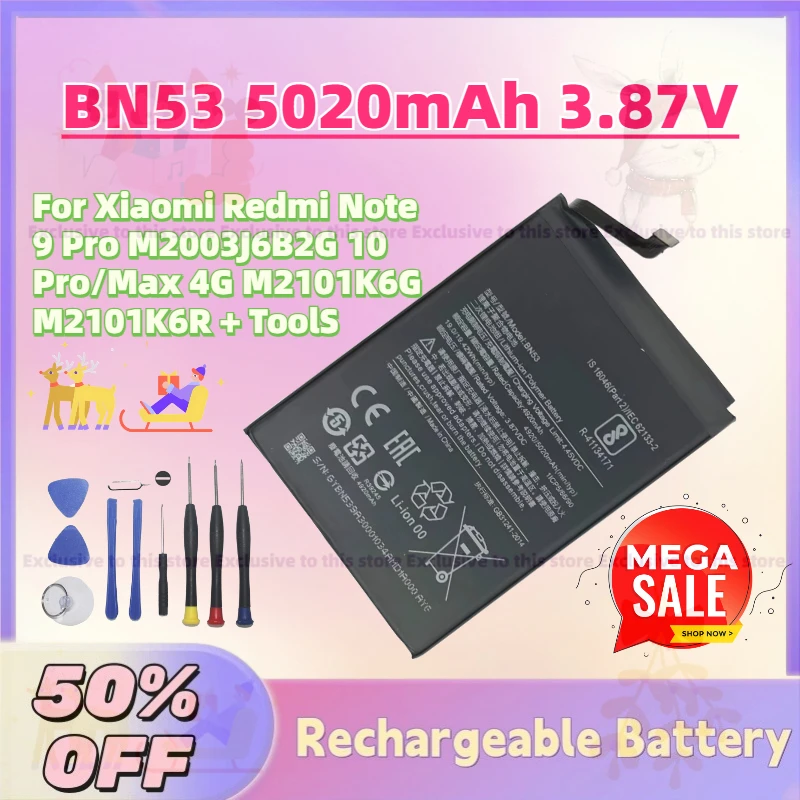 In Stock BN53 5020mAh 3.87V Replacement Battery for Xiaomi Redmi Note 9 Pro M2003J6B2G 10 Pro/Max 4G M2101K6G M2101K6R + ToolS