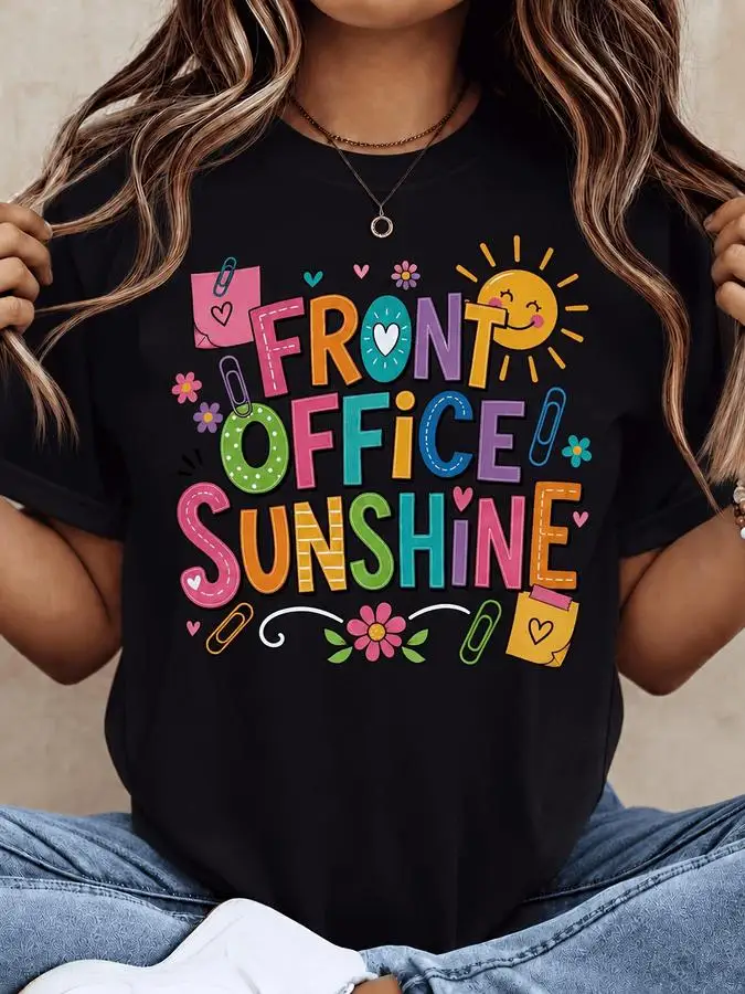 Women's Front Office Sunshine Graphic T Shirt Admin Secretary Staff Short Sleeve Round Neck Tee Back To School Administrative Assistant Gift Tops