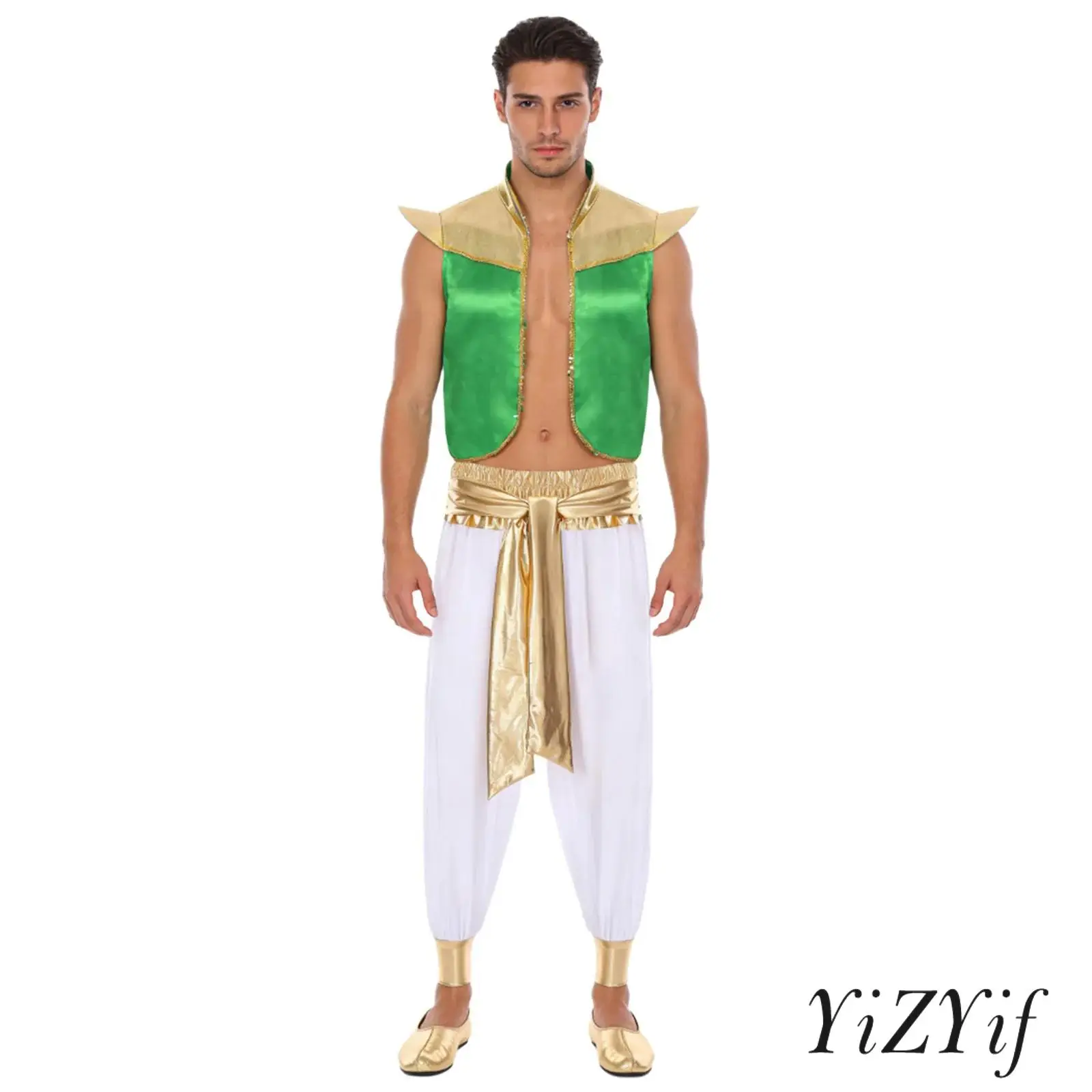 

Mens Halloween Arab Prince Metallic Shiny Costume Fly Sleeve Open Front Vest And Long Pants for Magical Lamp Character Cosplay