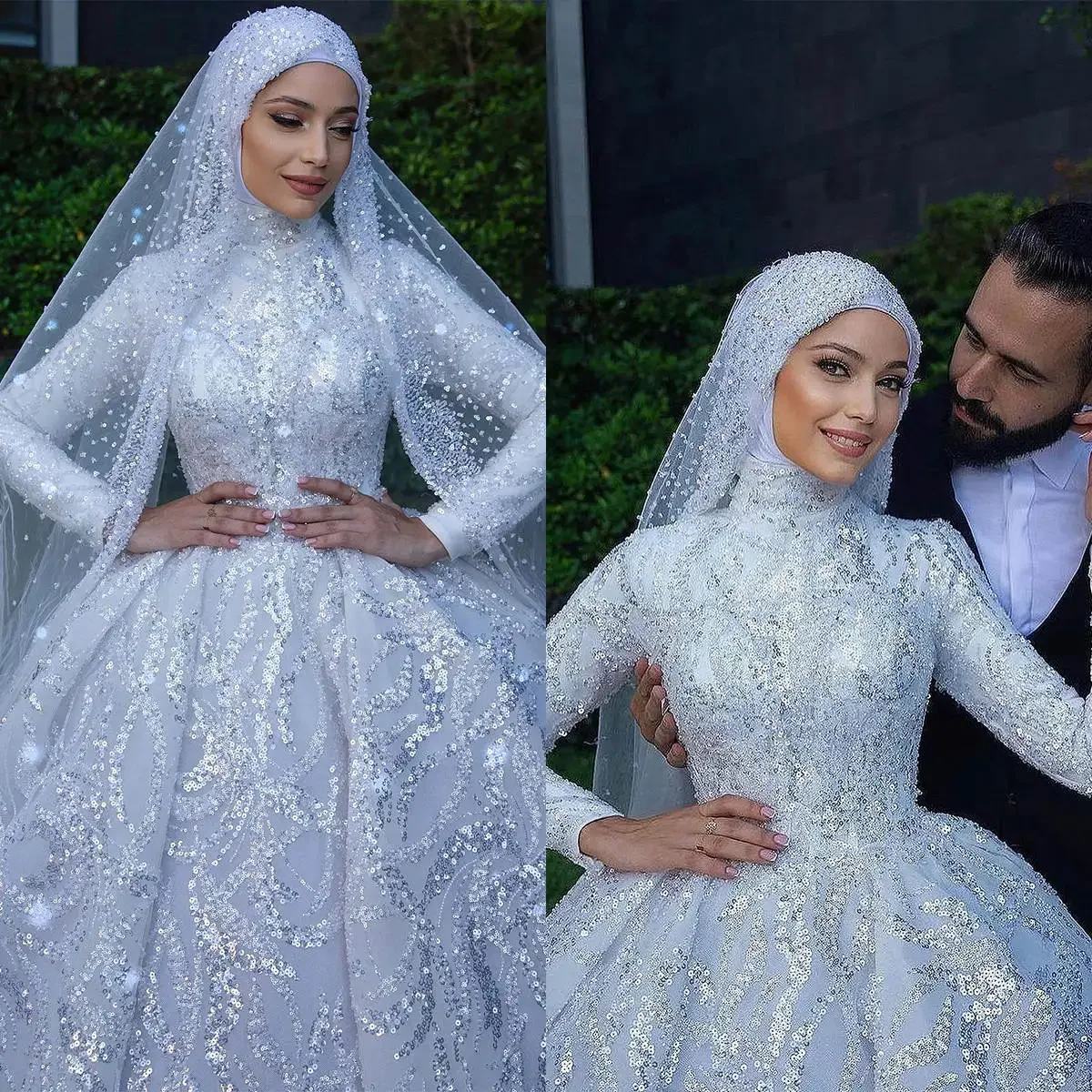 Muslim Wedding Dress Arab Sequins Bridal Gown Traditional Long Sleeves Custom Made Sweep Train Vestido de novia