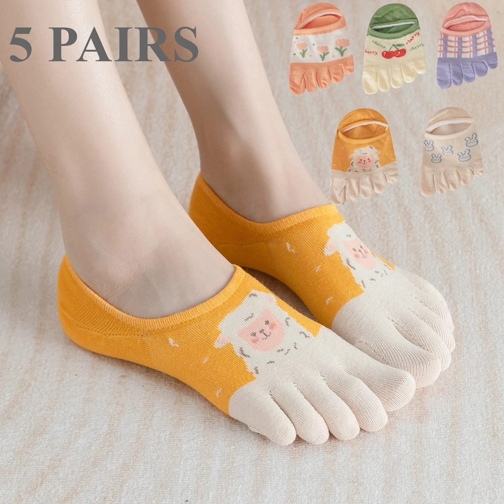 5 Pairs Floral Cute Women Toe Socks with Separate Fingers High Quality Cotton Five Finger Socks Summer Ankle Socks