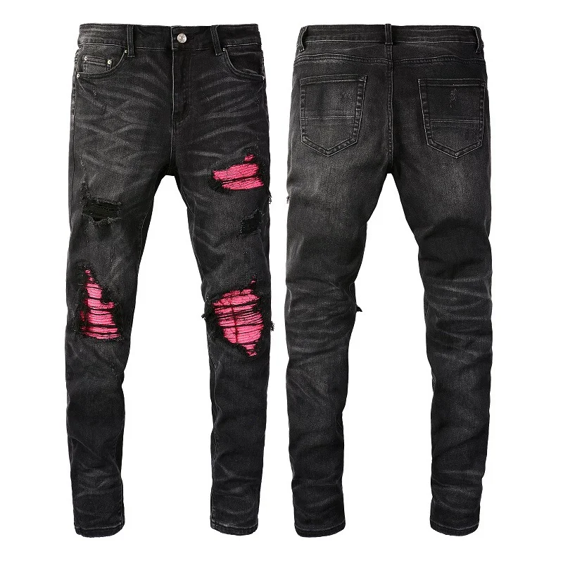 High Street Men HipHop Holes Skinny Stretch Jeans Embroidery Pencil Trousers Stylish Male Distressed Slim Fit Denim Pencil Pant