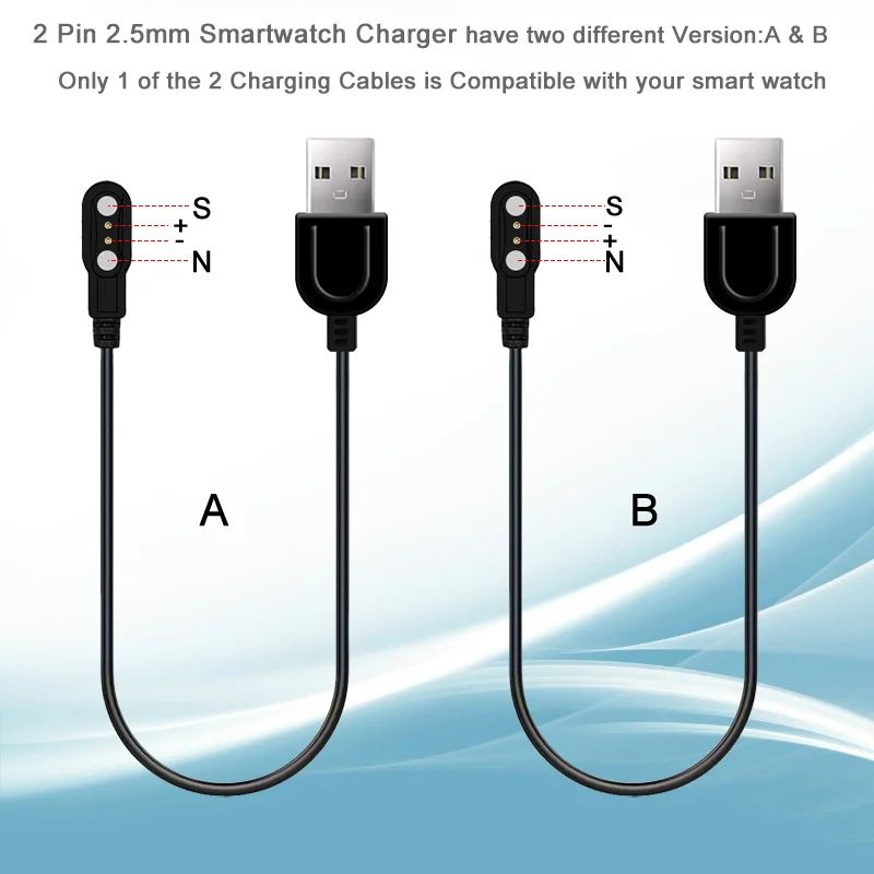 2 pçs/lote 2 pinos 2.5mm cabo de carregamento usb portátil cabo de carregamento magnético para relógios de fitness relógio inteligente (apenas 1 peça compatível)