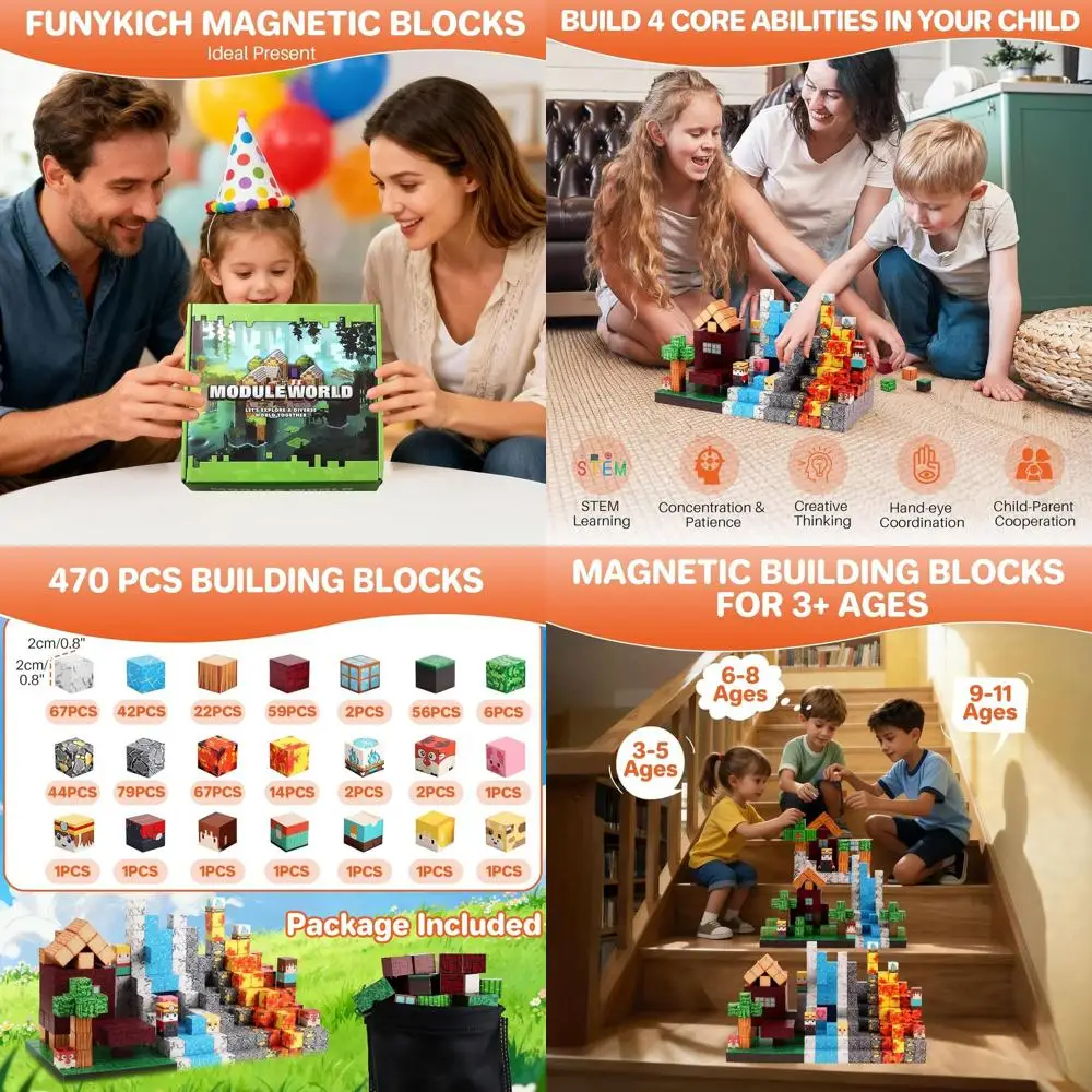 مجموعة مكعبات بناء مغناطيسية، لعبة جذعية مكونة من 470 قطعة للأطفال من سن 3 إلى 10 سنوات، بلاط مغناطيسي مستوحى من مونتيسوري للأطفال الصغار الحسي Pl