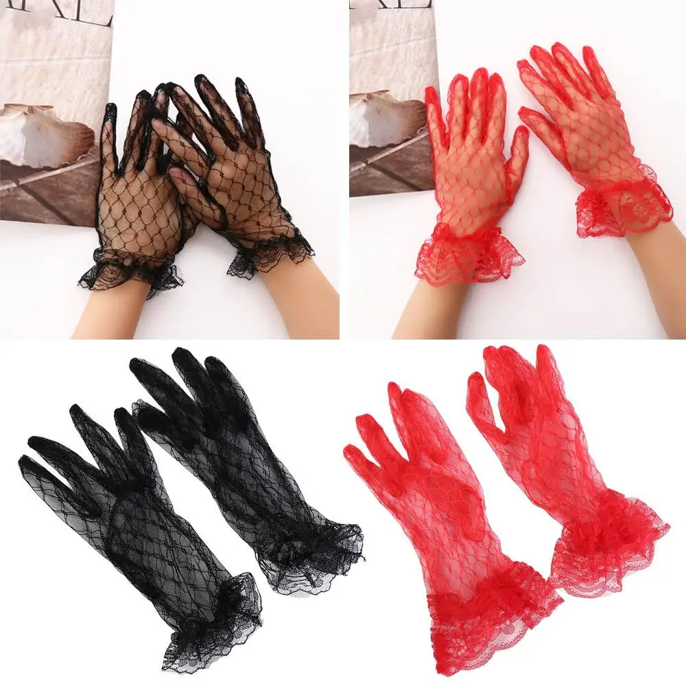 

Elegant Elastic Short Banquet Dinner Dress Autumn Wedding Lace Gloves Bridal Mesh Gloves Thin Mittens