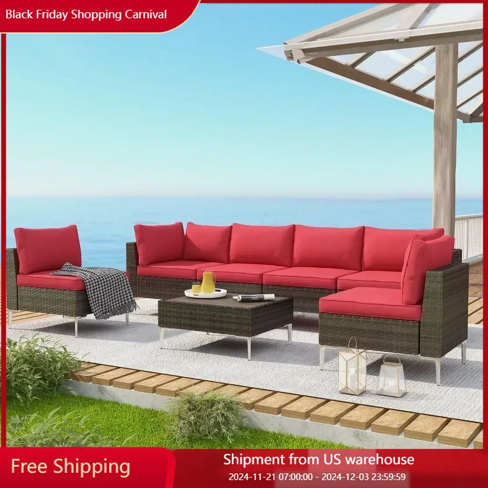 7Pieces Outdoor Sectional Sofa PE Rattan Wicker Patio Conversation Set Wood Plastic Composites Table,Outdoor Patio Furniture Set