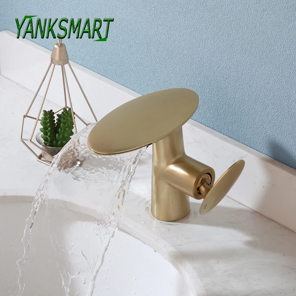 

YANKSMART Brushed Gold Bathroom Faucet Basin Sink Deck Mounted Faucet Washbasin 1 Handle Waterfall Spout Bathtub Mixer Water Tap