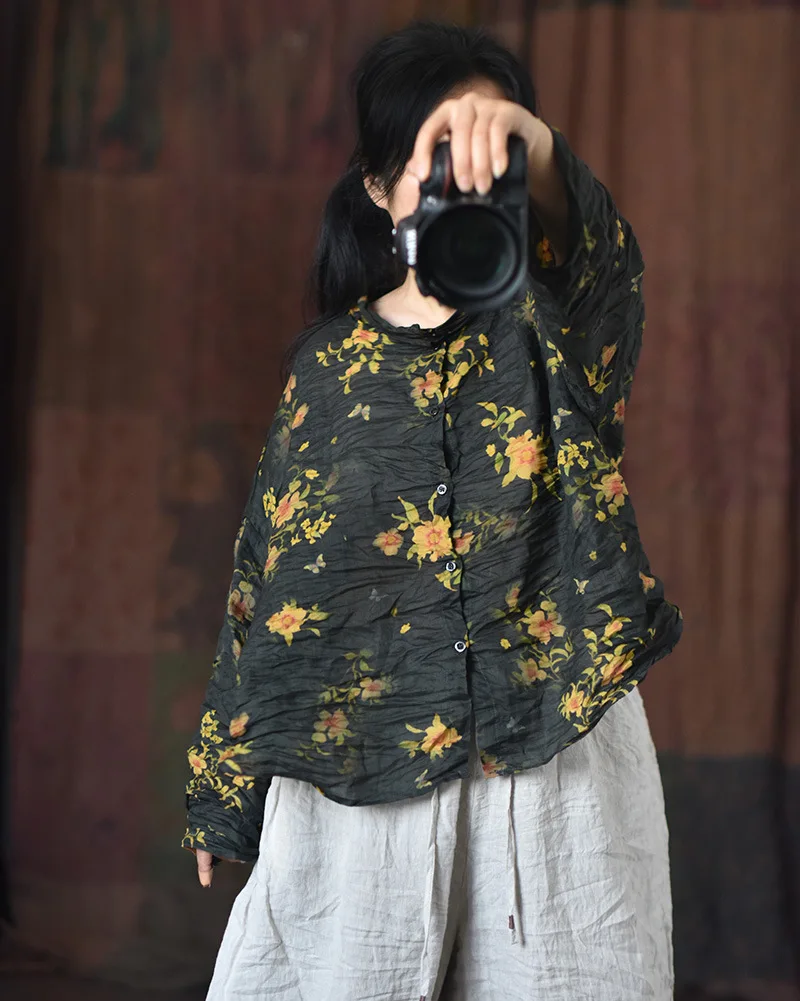 

Оригинальный дизайн, льняная рубашка с цветочным принтом, женская повседневная свободная блузка с круглым вырезом и длинными рукавами, весна-осень, популярная модель