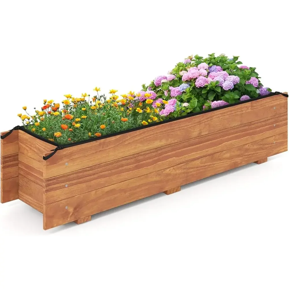 Raised Garden Bed, 44 x 11 x 10 Wooden Planter with Removable Bottom & 4 Drainage Holes, Outdoor Garden for Vegetables, Herbs