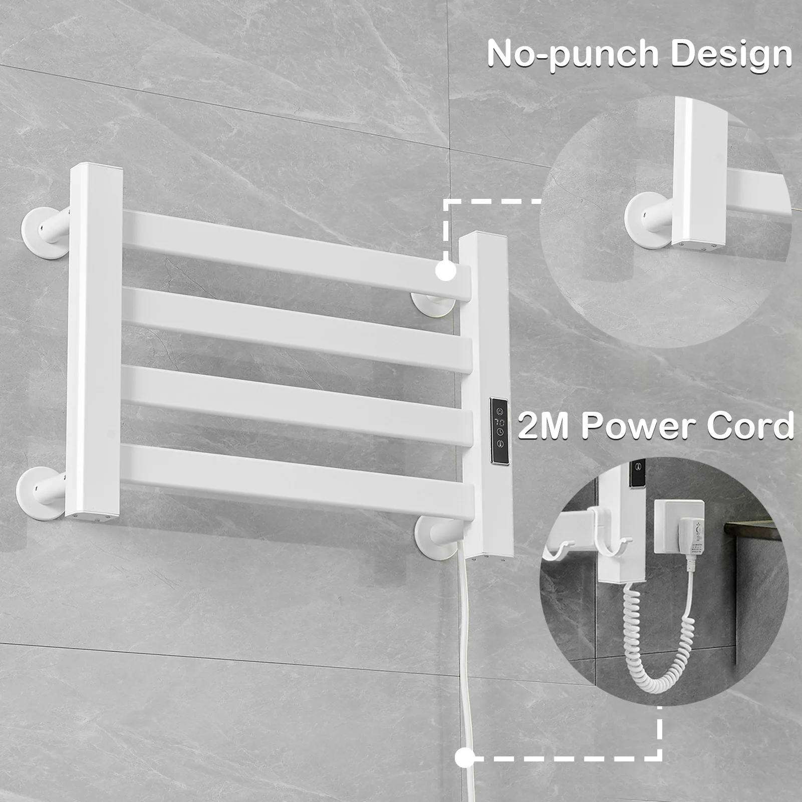 

Black/White Electric Bathroom Towel Warmer Rack with Timer(℃/℉) Display Electric Heated Drying Rail Plug-in/Hardwired Wall