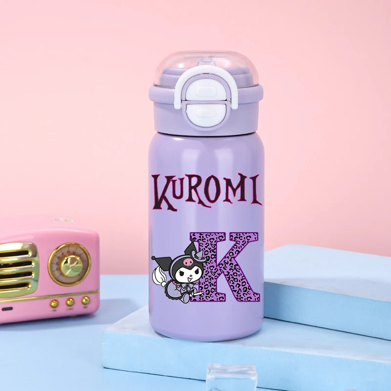 Kuromi Thermos 500ml niñas Sanrios Anime letra A-Z botella de agua con pajita niños taza de vacío de invierno mujeres taza de café de oficina regalo