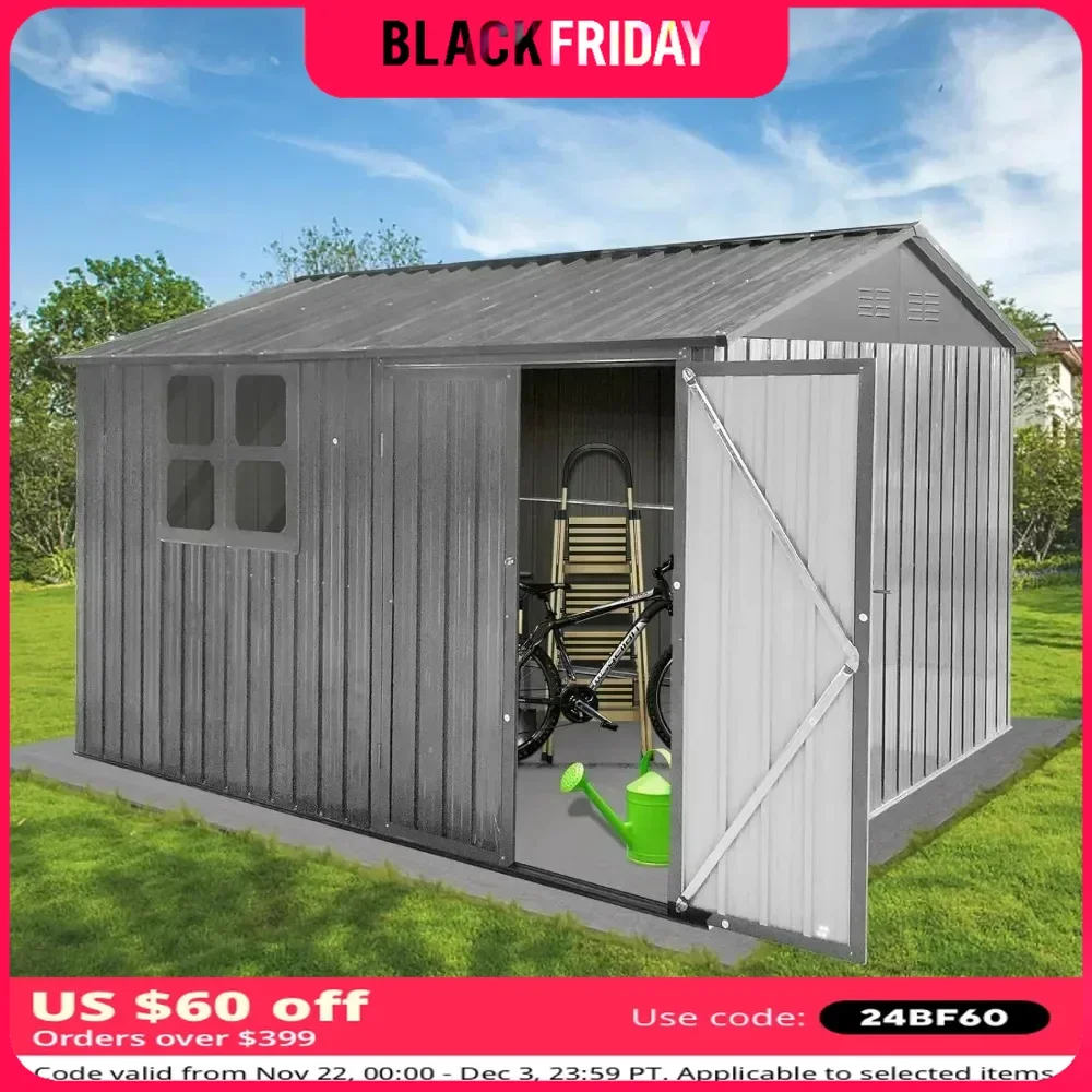 10 X 8FT Outdoor Storage Shed with Window, Padlock & Punched Vents, Metal Shed Storage House, Hinged Lockable Door