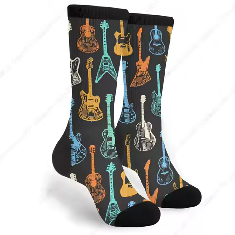 Colorful Electric Acoustic Guitar Unisex Novelty Socks, Funny Funky Crazy Cool Crew Dress Socks