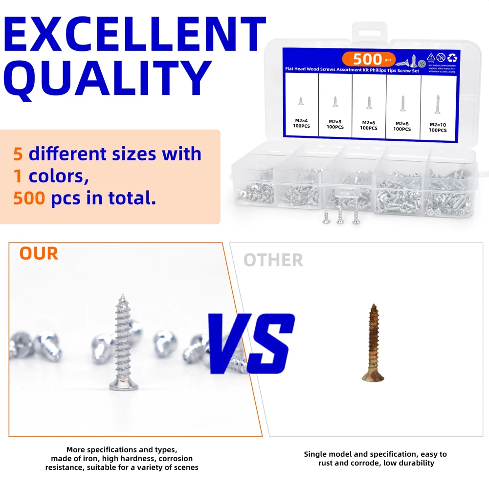 500pcs Flat Head Wood screws Assortment kit Phillips Tips screw set M2x4 M2x5 M2x6 M2x8 M2x10 Self-tapping Screws Wood Screw