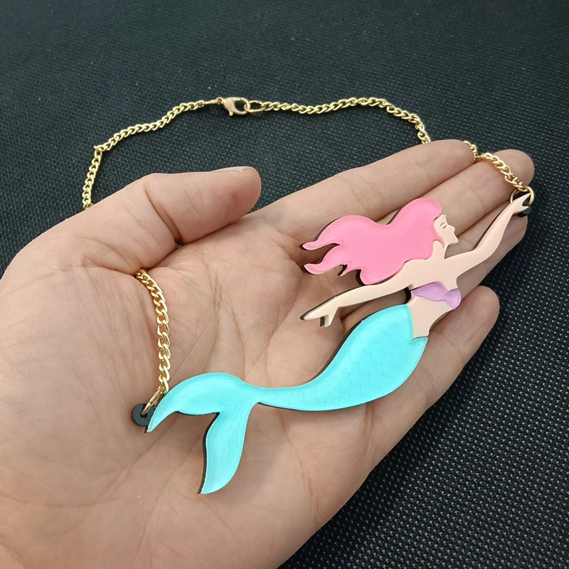 KUGUYS Mermaid Big Pendant Necklaces Fashion Acrylic Women Jewelry Trendy Blue Green Gold Color Fairy Accessories