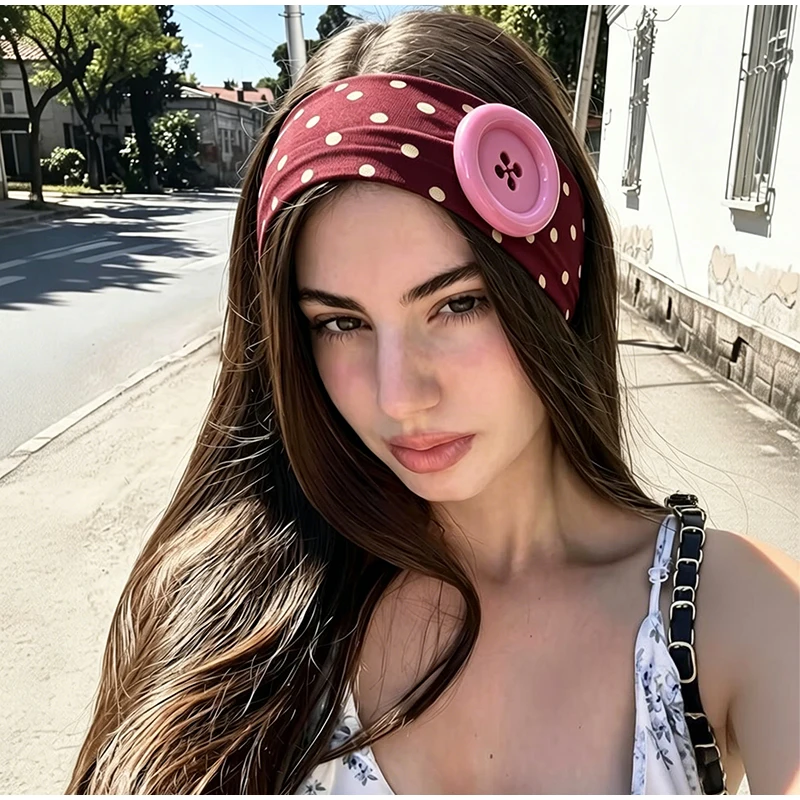 Dopamine Large Button Wave Dot Elasticity Headband Fashion INS Style Elastic Headband Sports Fitness Sweat-absorbent Hairband