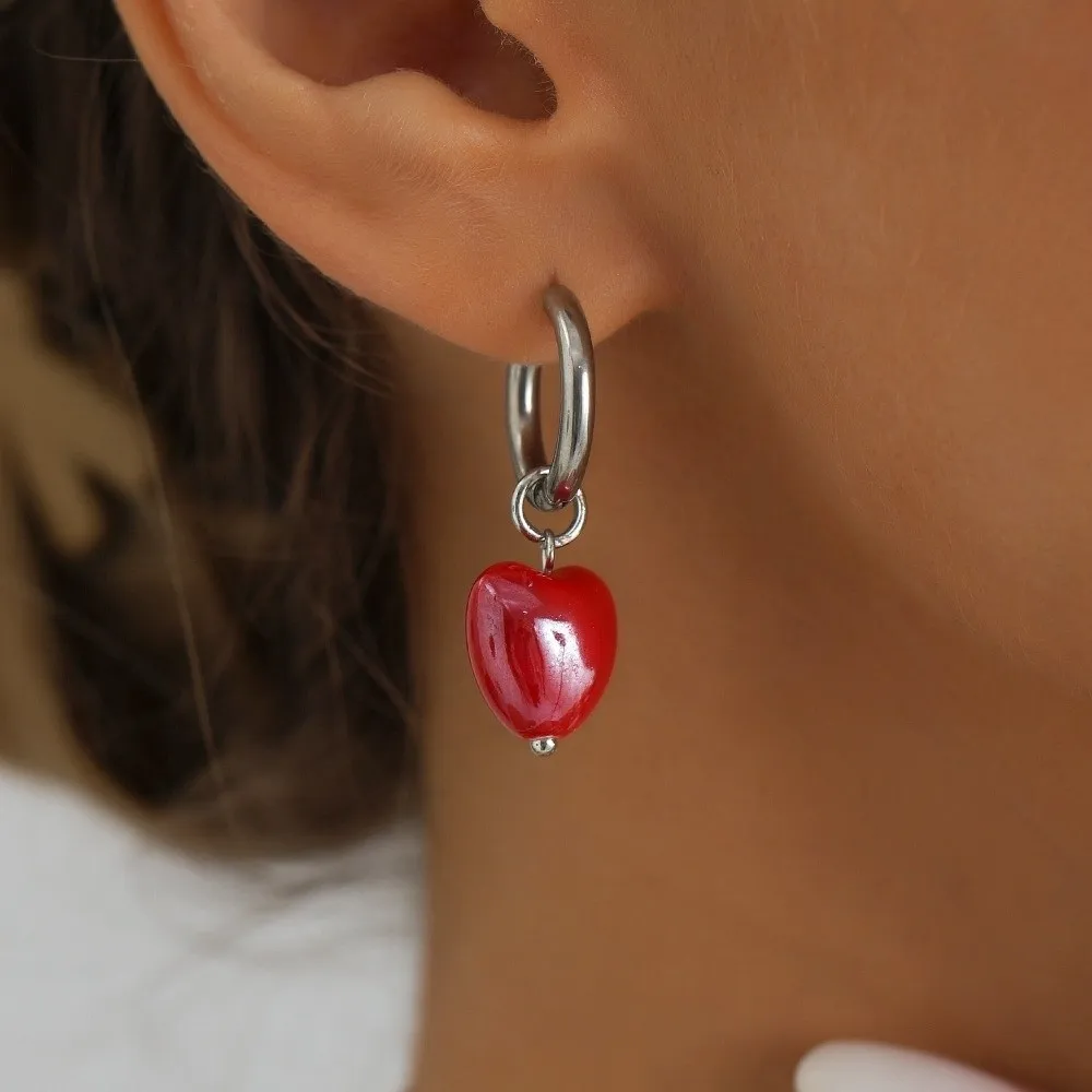 Exquisite Y2K Ceramic Heart Earrings Red Ceramic Red Stone Heart Drop Earrings Irregular Earrings Vintage Jewelry Girl