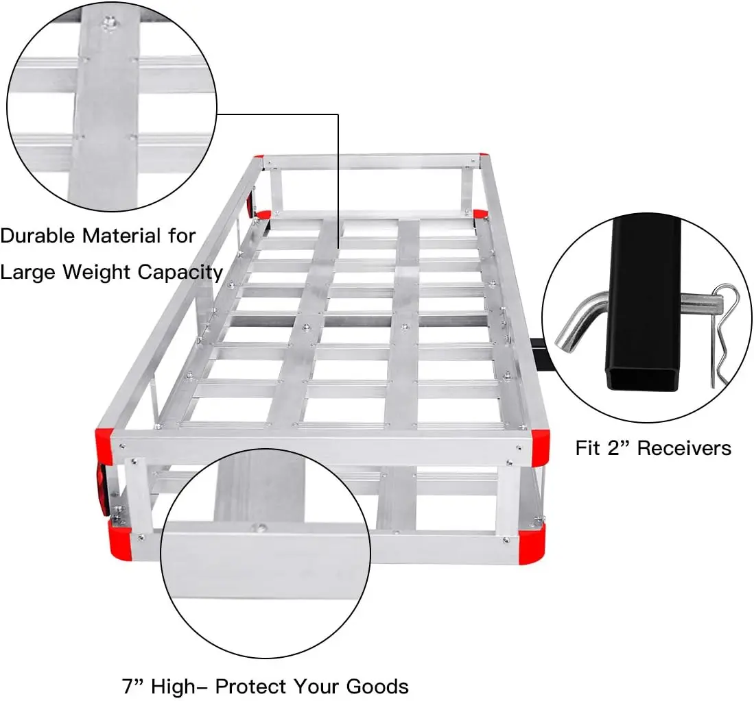 Hitch Cargo Carrier, Aluminum Hitch Mount Cargo Basket with 500LBS Capacity, Fits 2” Receiver, 60” x 22” x 7” Trailer Hitch Carg