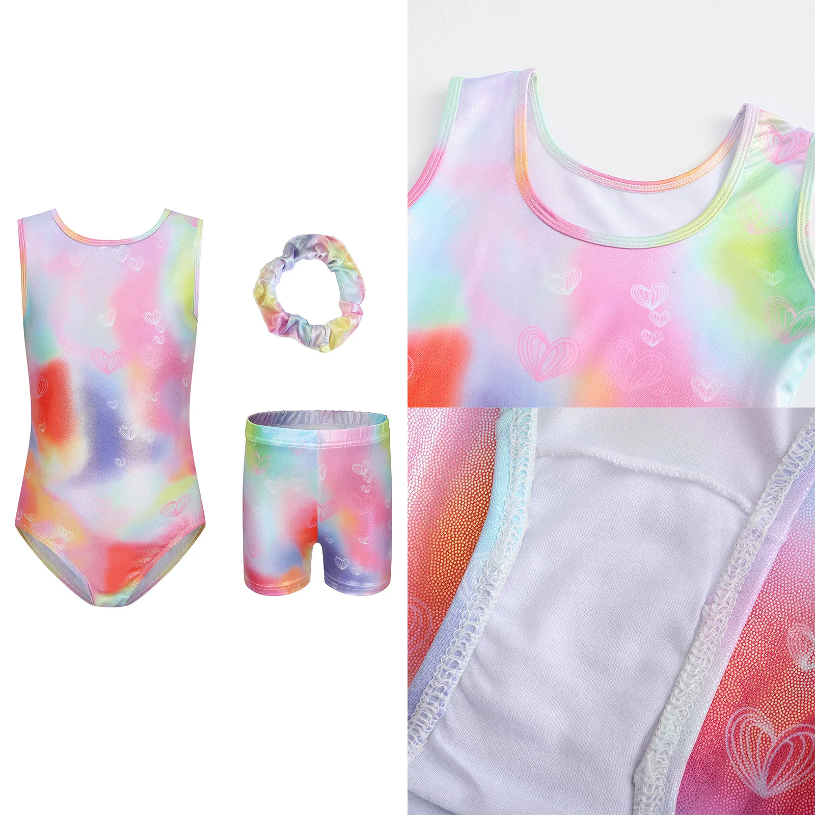 

3pcs Girls Ballet Costume Gymnastics Outfits Colorful Metallic Sleeveless Heart Printed Leotard with Short And Hair Band