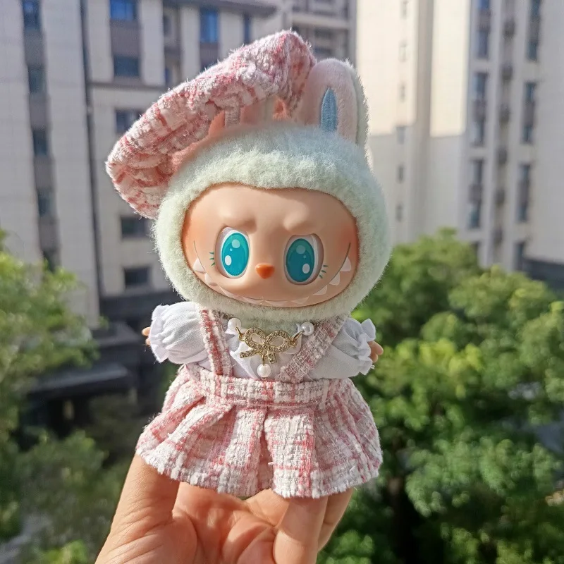 

Clothes For Labubu Dolls 15/17Cm For LABUBU Sitting Party 1St 2Nd 3Rd Gen Elegant Blue-Pink Chic Skirt Set Apparel Accessories