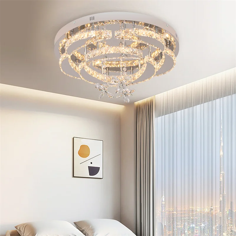 Modern Chandelier Led Flush Mount Crystal Ceiling Lamp For Bedroom Living Room Hallway Rc Dimmable Pendant Home Fixture Lustres