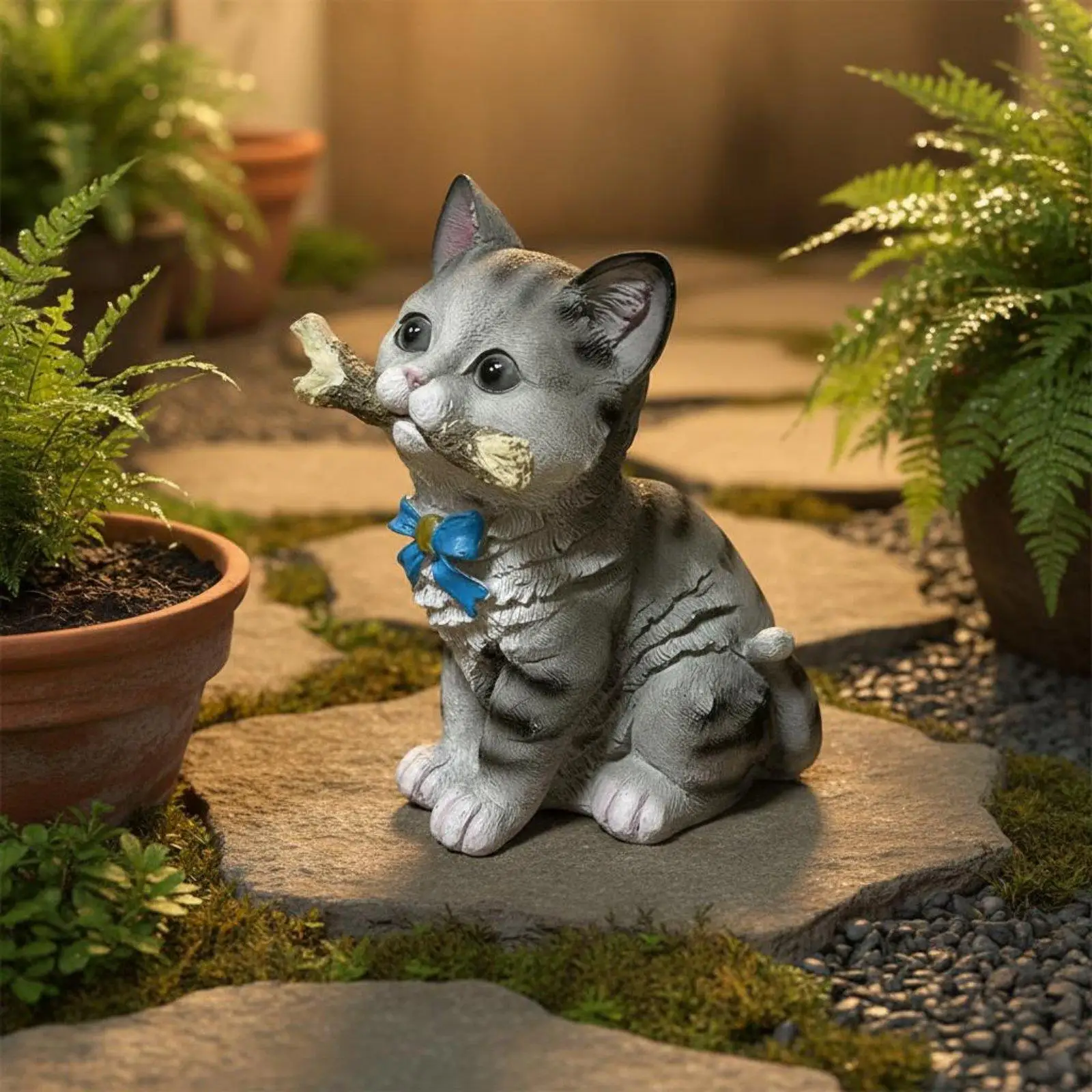 Feline Garden Statue Cute Home Decor Hand-Painted Look for Yard, Patio