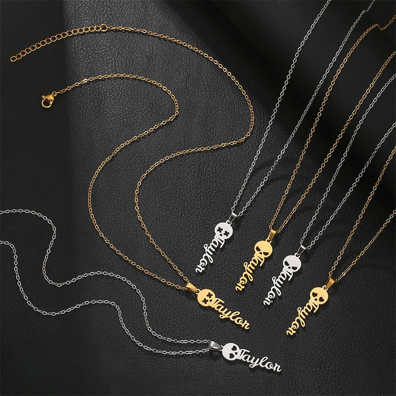 Auxauxme Custom Skull Name Necklace Stainless Steel Personalized Gothic Style Nameplate  Pendant Halloween Gothic Jewelry Gift