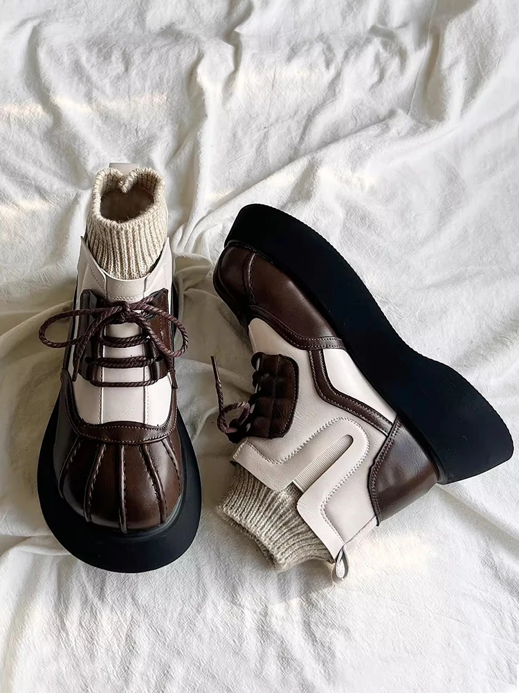 Vintage Shell Head Woman Obuwie zimowe Szykowne skórzane elastyczne dzianinowe dziewczęce buty na platformie Lekkie damskie wyściełane buty