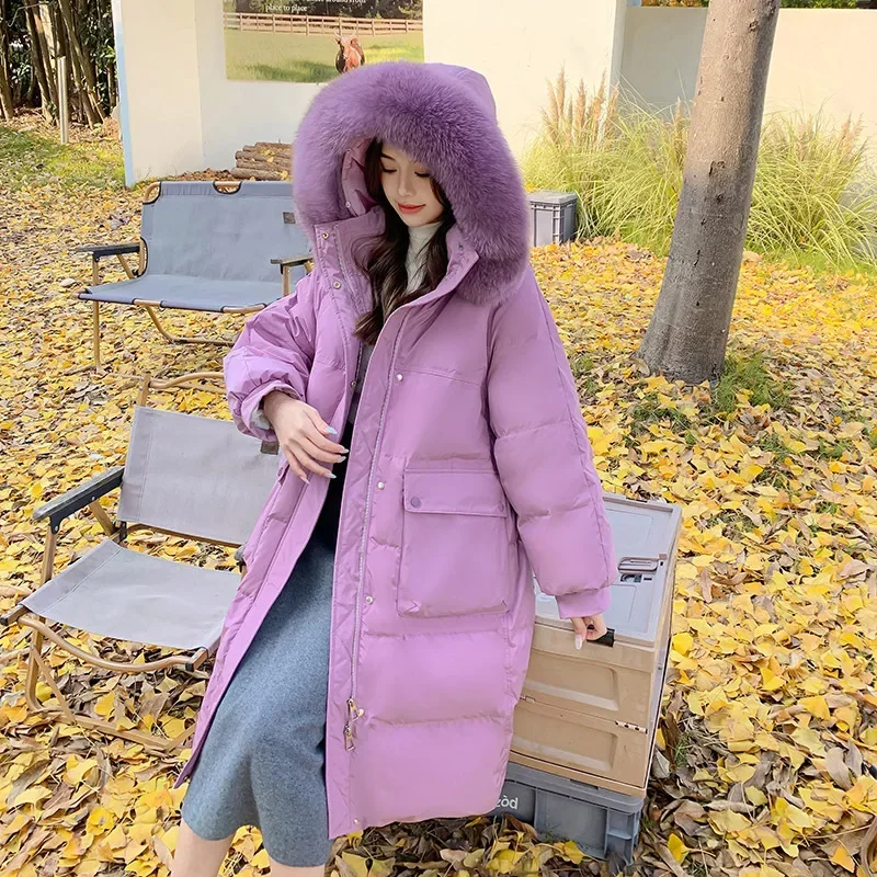 Women Fox Fur Collar Hooded Down Jacket Loose Purple Long Thickened Macaron Color White Duck Slimming Widened 6XL Oversized Coat