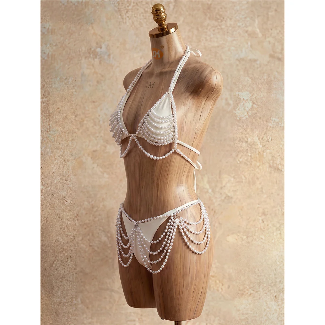 4-teiliges Bikini-Set mit Perlen- und Paillettenbesatz, Neckholder-Bikini, Damen-Badebekleidung, Badeanzug, V8223 – Detail 5