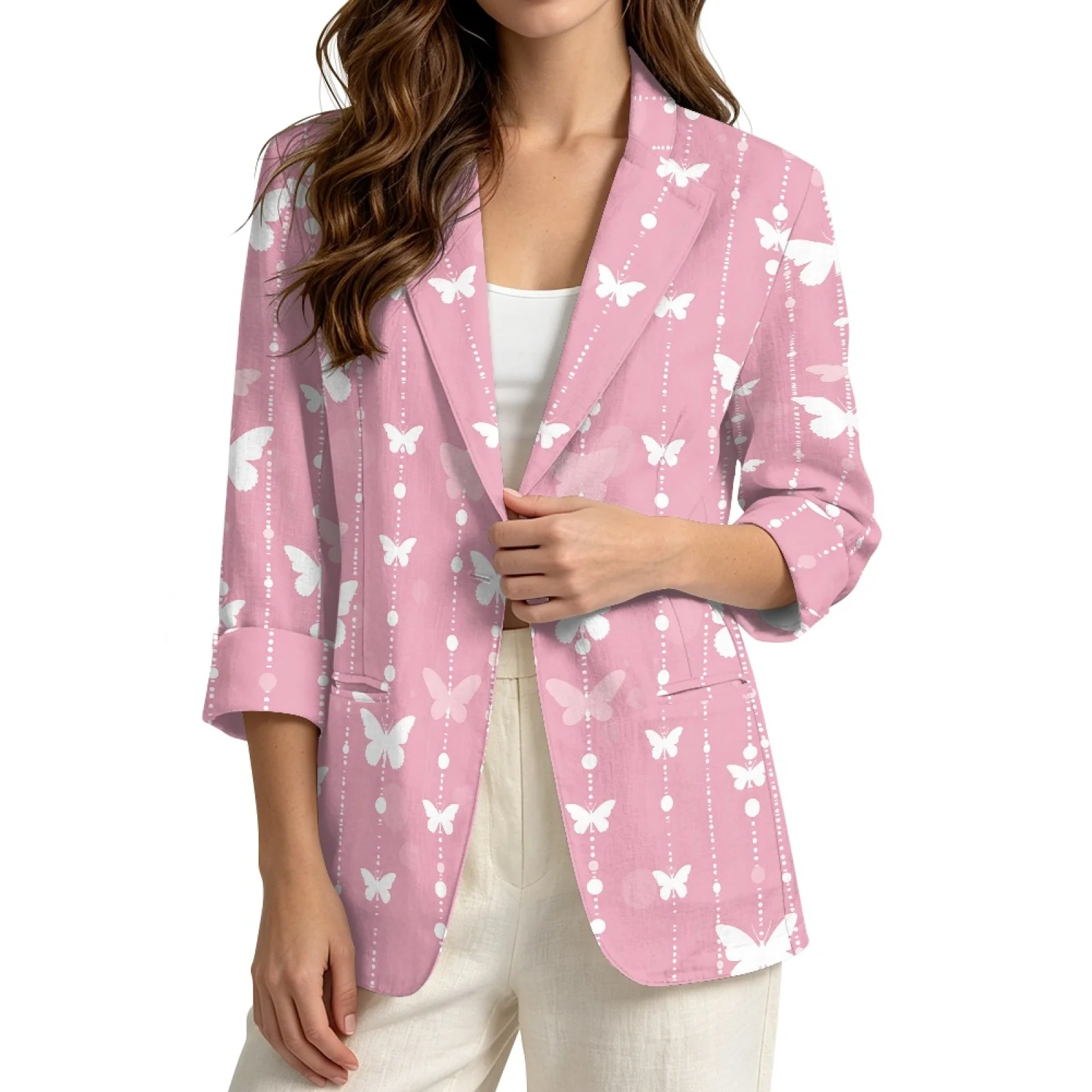 PENSTROLL Butterfly Print Design Linen Style Jackets Open Front Peplum Cardigans for Women S-3XL
