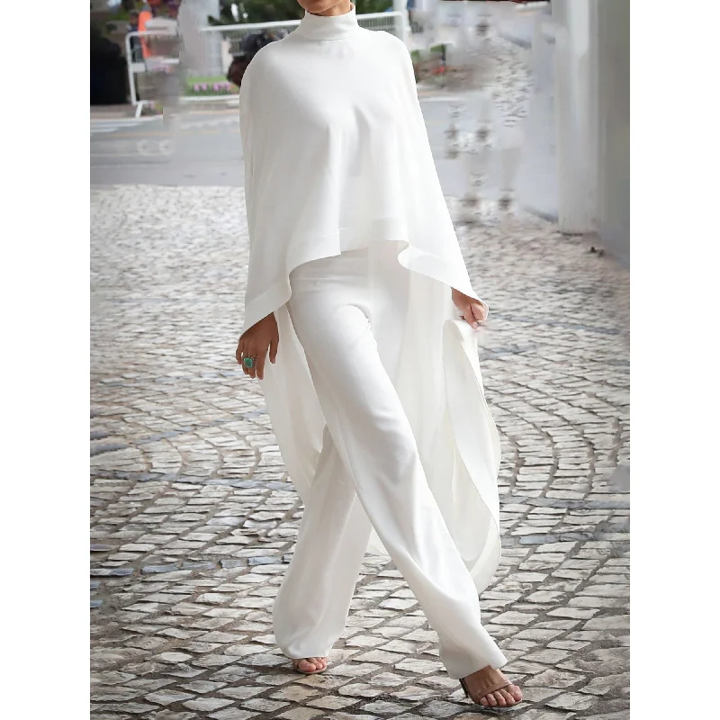 Freeacy Lente Zomer Vrouwelijke Effen Kleur Casual Tweedelige Set Hoge Hals T-Shirt Top En Rechte Broek Broek Dames Pakken