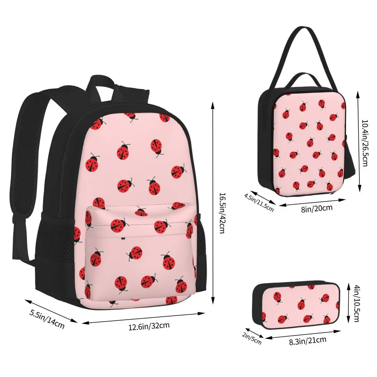 Cute Ladybug Pattern On Pink Background Backpacks Boys Girls Bookbag School Bags Rucksack Lunch Bag Pen Bag Three-Piece Set