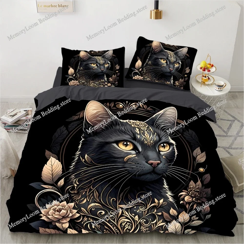 King Size Cat Bedding Set – 3D Printed Duvet Cover Set Bed Queen Luxury Bedrooms & Gifts (Cat, flowers, moon) - view 6